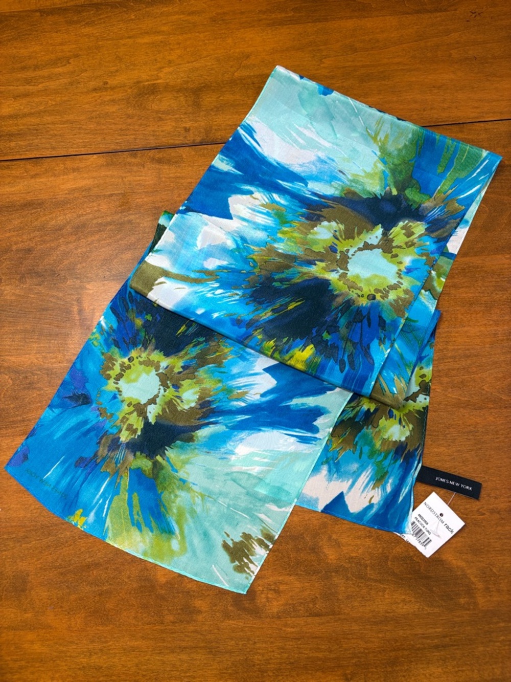 Jones New York Blue, Green & Brown Floral Silk Scarf 56”x10.5”